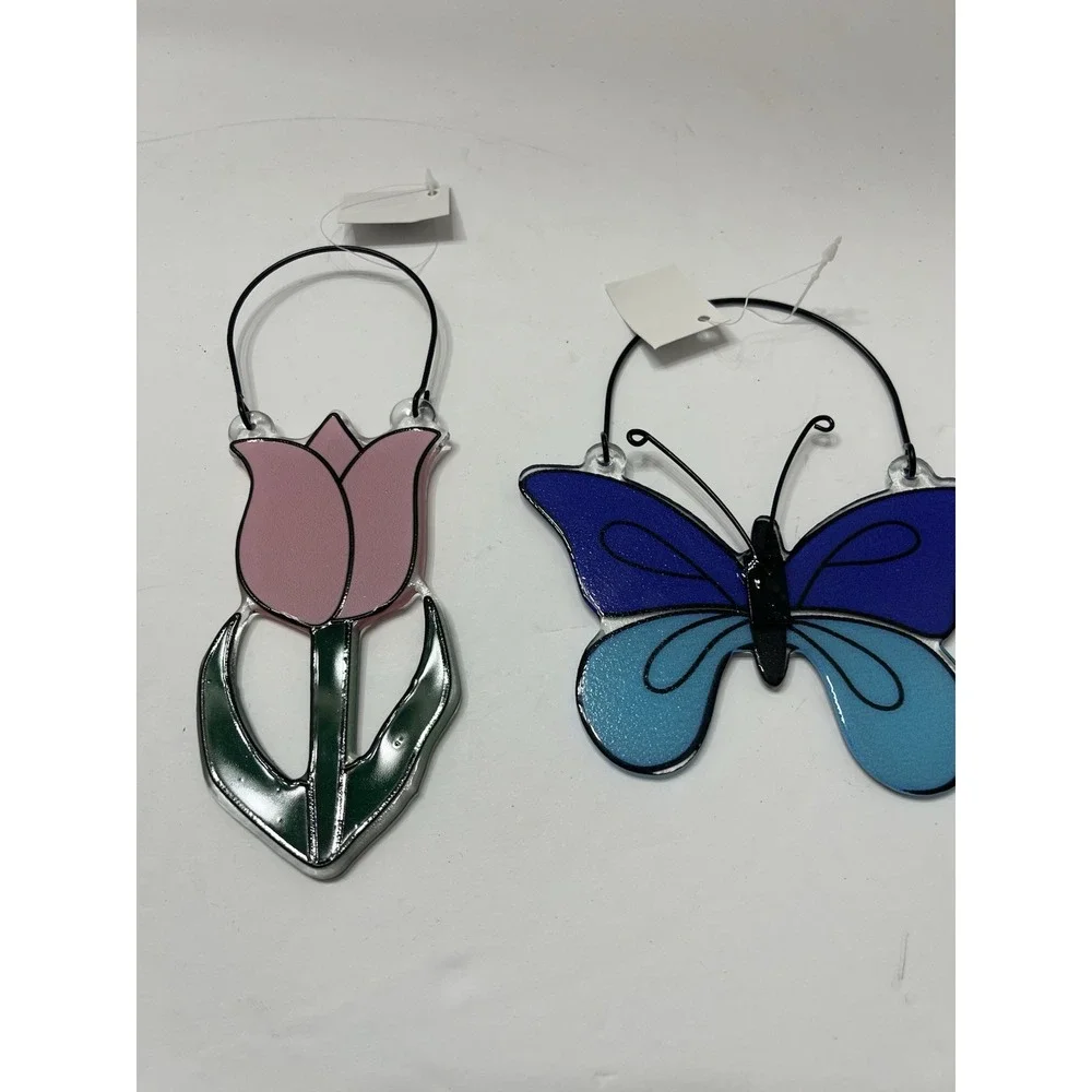Mud Pie Suncatchers Set Of 2 Pink Tulip Blue Butterfly Black Metal Frame Hook